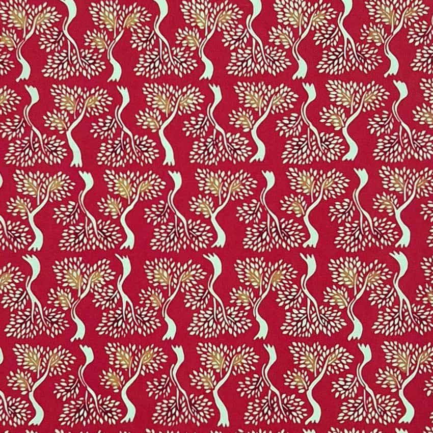 Katazome Shi – Weiße Bäume auf rot – handbedrucktes Washi-Papier
