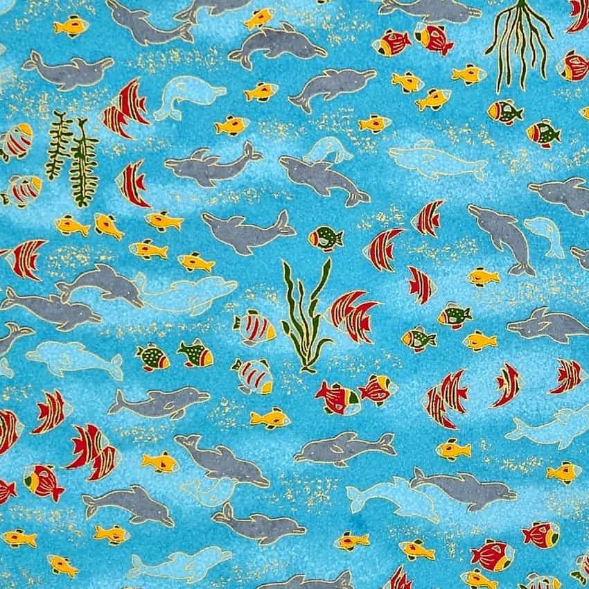 Delfine und Fische auf blau – handbedrucktes Washi-Papier