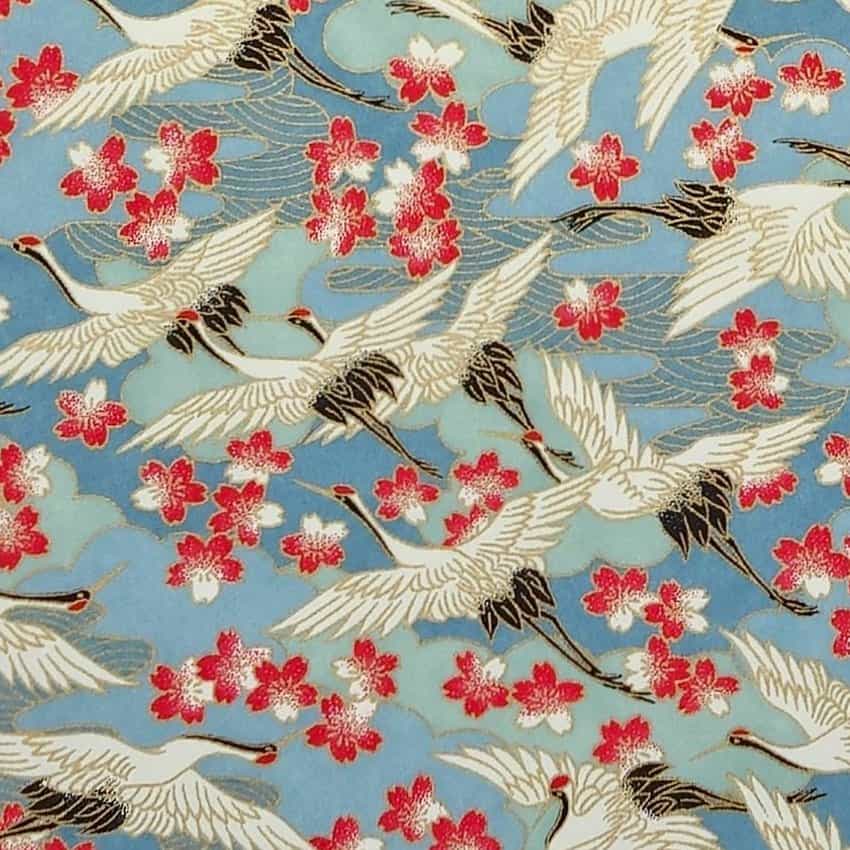Kraniche und Kirschbüten auf türkis – handbedrucktes Washi-Papier